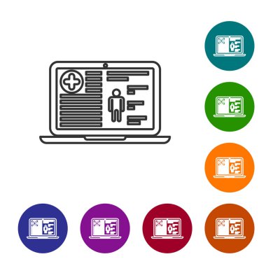 Beyaz arka planda izole dizüstü çizgi simgesi gri Tıbbi klinik kayıt. Sağlık sigortası formu. Belge reçete, tıbbi kontrol işaretleri raporu. Vektör İllüstrasyonu