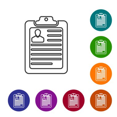 Beyaz arka planda izole edilmiş özgeçmiş çizgisi simgesine sahip gri Pano. Cv başvurusu. Özgeçmiş, profil fotoğrafı konsepti ile iş başvuru formu. Vektör İllüstrasyonu