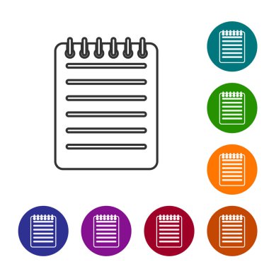 Beyaz arka planda yalıtılmış gri Not Defteri çizgi simgesi. Spiral not defteri simgesi. Yazı defteri. İş günlüğü. Dizüstü kapak tasarımı. Ofis kırtasiye eşyaları. Vektör İllüstrasyonu