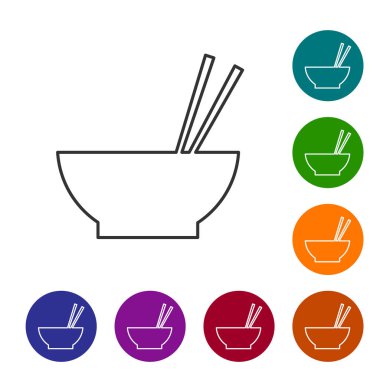 Gri Kase asya gıda ve beyaz arka plan üzerinde izole çubukları siluet çizgi simgesi çifti ile. Hazırlık kavramı, doğu diyeti. Vektör İllüstrasyonu