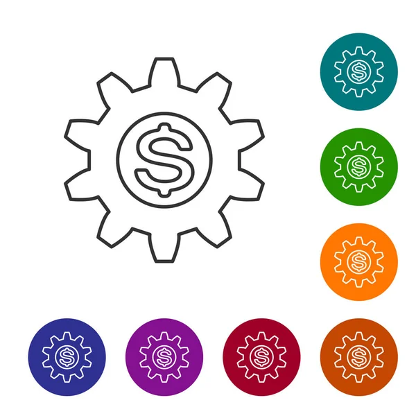 Beyaz arka planda yalıtılmış dolar sembolü çizgi simgesi ne renkte gri dişli. İş ve finans kavramsal simgesi. Vektör İllüstrasyonu