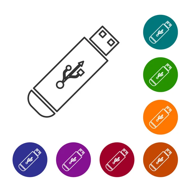 Icono de línea de unidad flash USB gris aislado sobre fondo blanco. Ilustración vectorial — Vector de stock