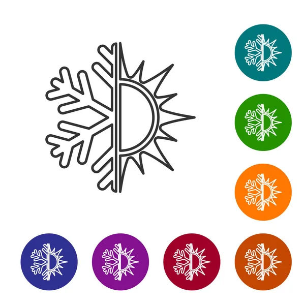 Graues heißes und kaltes Symbol. Sonne und Schneeflockensymbol isoliert auf weißem Hintergrund. Winter- und Sommersymbol. Vektorillustration — Stockvektor