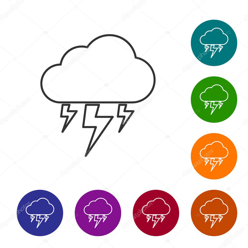 Grey Storm line icon isolated on white background. Cloud and lightning sign. Weather icon of storm. Vector Illustration