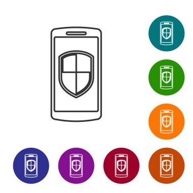 Gri Smartphone, beyaz arka plan üzerinde izole güvenlik kalkan hattı simgesi ile cep telefonu. Vektör İllüstrasyonu