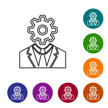 Beyaz arka plan üzerinde izole çizgi simgesi içinde dişli ile Gri İnsan kafası. Yapay zeka. Beyin işaretini düşünmek. Beynin sembol çalışması. Vektör İllüstrasyonu