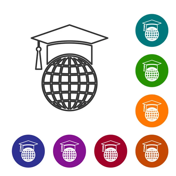 Casquette de graduation grise sur l'icône de ligne de globe isolé sur fond blanc. Symbole mondial de l'éducation. Concept d'apprentissage en ligne ou d'apprentissage en ligne. Illustration vectorielle — Image vectorielle