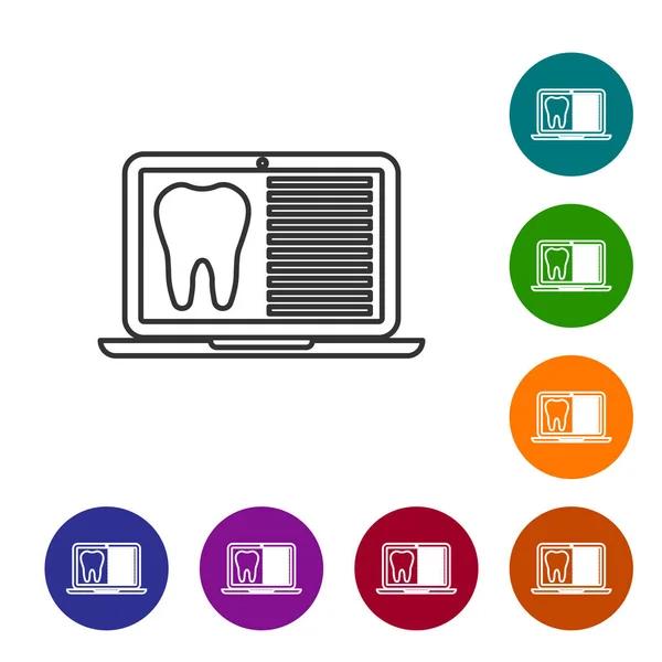 Laptop cinza com cartão dental ou ícone de linha de registros médicos do paciente isolado em fundo branco. Seguro dentário. Relatório da clínica dentária. Ilustração vetorial —  Vetores de Stock