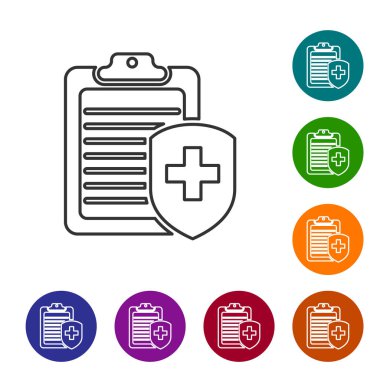 Beyaz arka planda izole sağlık sigortası çizgi simgesi ile Gri Pano. Hasta koruma. Pano ve kalkan bir sembol sigorta olarak bir haç ile. Vektör İllüstrasyonu