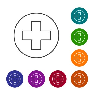 Beyaz arka planda yalıtılmış daire çizgi simgesinde Gri Medikal çapraz. İlk yardım tıbbi sembolü. Vektör İllüstrasyonu