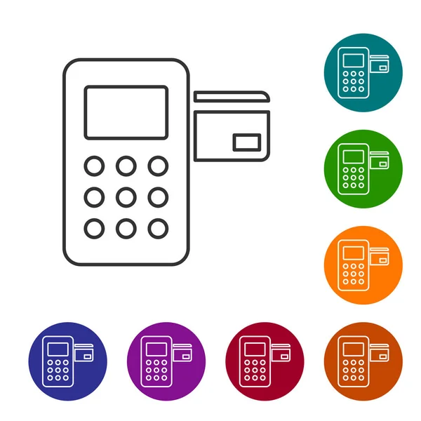 Graues Pos-Terminal mit eingestecktem Kreditkartensymbol isoliert auf weißem Hintergrund. Zahlungsterminal Transaktion. Vektorillustration — Stockvektor