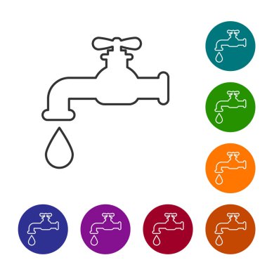 Beyaz arka planda izole edilmiş düşen su damlası çizgisi simgesiyle gri su musluğu. Vektör İllüstrasyonu