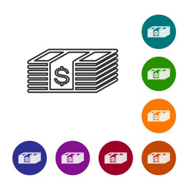 Gri Kağıt para amerikan doları nakit çizgi simgesi beyaz arka plan üzerinde izole. Para banknotları dolar simgesi ile yığını. Fatura para birimi. Vektör İllüstrasyonu