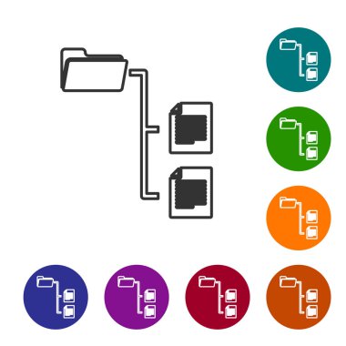 Beyaz arka planda yalıtılmış Gri Klasör ağaç çizgi simgesi. Bilgisayar ağı dosya klasörü organizasyon yapısı akış şeması. Simgeyi renk çemberi düğmelerinde ayarlayın. Vektör İllüstrasyonu