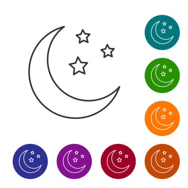 Gri Ay ve yıldızlar çizgi simgesi beyaz arka planda yalıtılmış. Simgeyi renk çemberi düğmelerinde ayarlayın. Vektör İllüstrasyonu