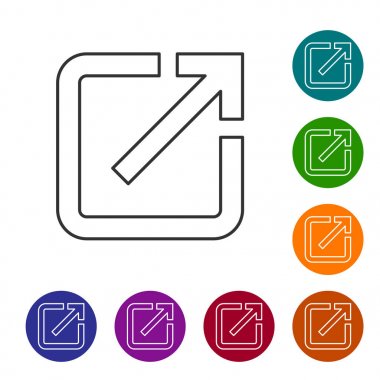 Gri Beyaz arka planda yalıtılmış yeni pencere çizgisi simgesinde açık. Başka bir sekme düğmesi işaretini açın. Tarayıcı çerçeve sembolü. Dış bağlantı işareti. Simgeyi renk çemberi düğmelerinde ayarlayın. Vektör İllüstrasyonu