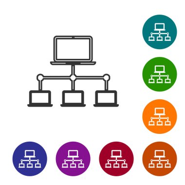 Gri Bilgisayar ağ çizgisi simgesi beyaz arka planda yalıtılmış. Dizüstü bilgisayar ağı. İnternet bağlantısı. Simgeyi renk çemberi düğmelerinde ayarlayın. Vektör İllüstrasyonu