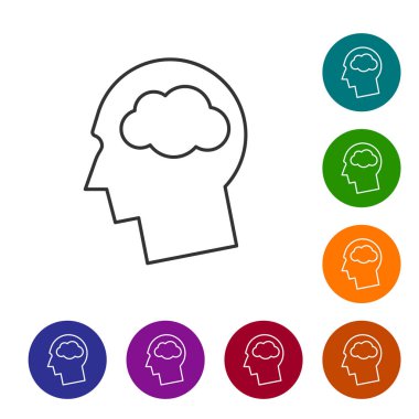 Beyaz arka planda izole edilmiş bulut çizgi simgesine sahip Gri Kafa silueti. Rüya burcu. Simgeyi renk çemberi düğmelerinde ayarlayın. Vektör İllüstrasyonu