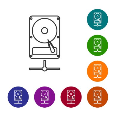 Beyaz arka planda yalıtılmış ağ çizgisi simgesini paylaşan Gri Sabit disk sürücüsü. Simgeyi renk çemberi düğmelerinde ayarlayın. Vektör İllüstrasyonu