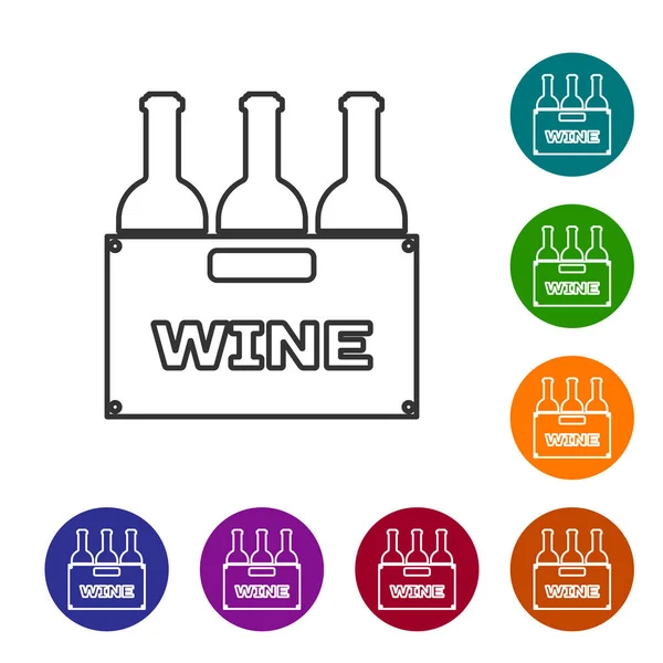 Garrafas de vinho cinza em um ícone de linha de caixa de madeira isolado no fundo branco. Garrafas de vinho em um ícone de caixa de madeira. Ilustração vetorial —  Vetores de Stock