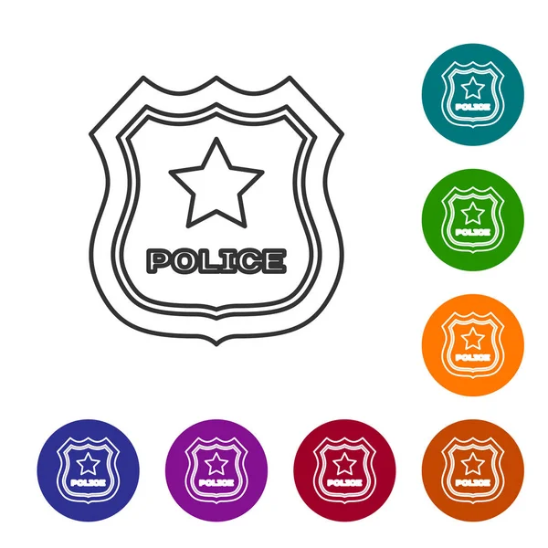 Icono de línea de insignia de policía gris aislado sobre fondo blanco. Insignia del sheriff. Establecer icono en botones de círculo de color. Ilustración vectorial — Vector de stock