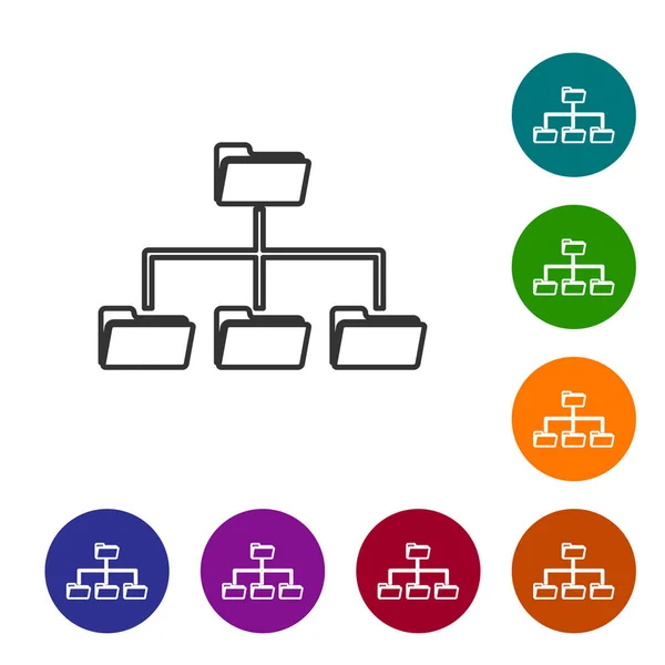 Иконка линии дерева серой папки изолирована на белом фоне. Структура структуры сетевой папки компьютера. Установите значок на кнопки цветного круга. Векторная миграция — стоковый вектор