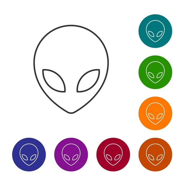 Icône de ligne Alien gris isolé sur fond blanc. Visage extraterrestre extraterrestre ou symbole de tête. Définir l'icône dans les boutons de cercle de couleur. Illustration vectorielle — Image vectorielle