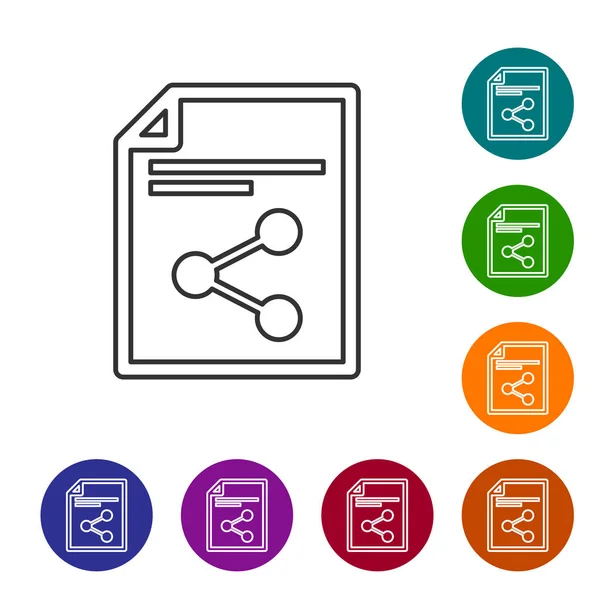 Grå delningsfil rad ikon isolerad på vit bakgrund. Fildelning. Fil överförings tecken. Ange ikon i färgcirkel knappar. Vektor illustration — Stock vektor