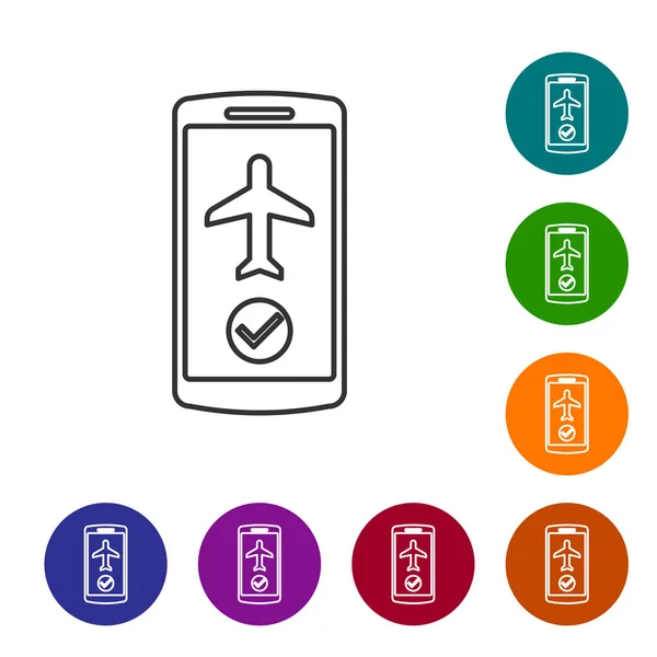 Grauer Flugmodus im Handy-Leitungssymbol auf weißem Hintergrund. Flugzeug oder Flugzeug Flug Offline-Modus Passagierregulierung Fluggesellschaft. setzen Sie das Symbol in den Schaltflächen des Farbkreises. Vektorillustration — Stockvektor