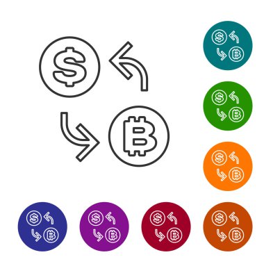 Beyaz arka planda Gri Cryptocurrency döviz satırı simgesi. Bitcoin'den dolar bozdurma simgesine. Kripto para teknolojisi, mobil bankacılık. Simgeyi renk çemberi düğmelerinde ayarlayın. Vektör İllüstrasyonu