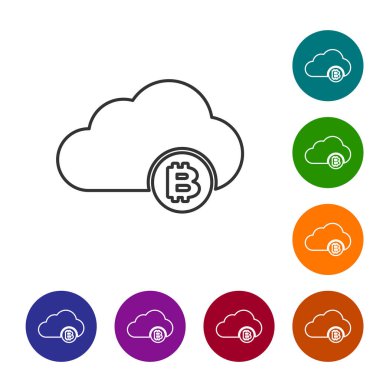 Beyaz arka planda Gri Cryptocurrency bulut madenciliği çizgi simgesi. Blockchain teknolojisi, bitcoin, dijital para piyasası, kripto para cüzdanı. Simgeyi renk çemberi düğmelerinde ayarlayın. Vektör İllüstrasyonu