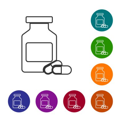 Gri Tıp şişe ve hap satır simgesi beyaz arka plan üzerinde izole. Şişe hapı işareti. Eczane tasarımı. Simgeyi renk çemberi düğmelerinde ayarlayın. Vektör İllüstrasyonu