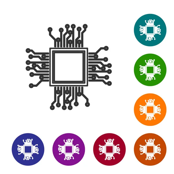 Beyaz arka planda Gri İşlemci çizgi simgesi. İşlemci, merkezi işlem birimi, mikroçip, mikrodevre, bilgisayar işlemcisi, çip. Simgeyi renk çemberi düğmelerinde ayarlayın. Vektör İllüstrasyonu