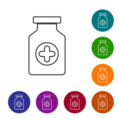 Gri Tıp şişe satır simgesi beyaz arka plan üzerinde izole. Şişe hapı işareti. Eczane tasarımı. Simgeyi renk çemberi düğmelerinde ayarlayın. Vektör İllüstrasyonu