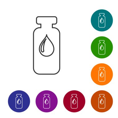 Gri Tıbbi şişe, ampul, şişe hattı simgesi beyaz arka plan üzerinde izole. Aşılama, enjeksiyon, aşı sağlık konsepti. Simgeyi renk çemberi düğmelerinde ayarlayın. Vektör İllüstrasyonu