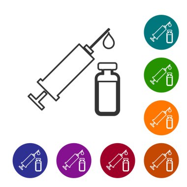 İğne ve şişe veya ampul çizgi simgesi beyaz arka plan üzerinde izole gri Tıbbi şırınga. Aşı, enjeksiyon, aşı, insülin kavramı. Simgeyi renk çemberi düğmelerinde ayarlayın. Vektör İllüstrasyonu