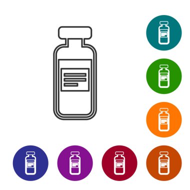 Gri Tıbbi şişe, ampul, şişe hattı simgesi beyaz arka plan üzerinde izole. Aşılama, enjeksiyon, aşı sağlık konsepti. Simgeyi renk çemberi düğmelerinde ayarlayın. Vektör İllüstrasyonu