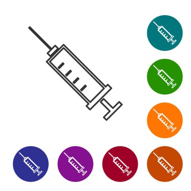 Gri Şırınga çizgi simgesi beyaz arka planda yalıtılmış. Aşı, aşı, enjeksiyon, grip aşısı için şırınga. Tıbbi ekipmanlar. Simgeyi renk çemberi düğmelerinde ayarlayın. Vektör İllüstrasyonu