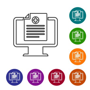 Beyaz arka planda izole edilmiş monitör hattı simgesinde Gri Tıbbi klinik kayıt. Sağlık sigortası formu. Reçete, tıbbi kontrol izleri raporu. Simgeyi renk çemberi düğmelerinde ayarlayın. Vektör İllüstrasyonu