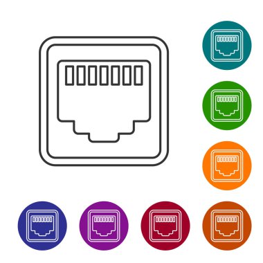 Gri Ağ bağlantı noktası - beyaz arka planda yalıtılmış kablo soketi hattı simgesi. Lan, ethernet bağlantı noktası işareti. Yerel alan bağlayıcı simgesi. Simgeyi renk çemberi düğmelerinde ayarlayın. Vektör İllüstrasyonu