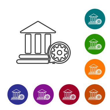 Gri Bank bina ve beyaz arka plan üzerinde dişli hattı simgesi. Uygulama, servis konsepti, ayar seçenekleri, bakım, onarım, sabitleme ayarlama. Simgeyi renk çemberi düğmelerinde ayarlayın. Vektör İllüstrasyonu