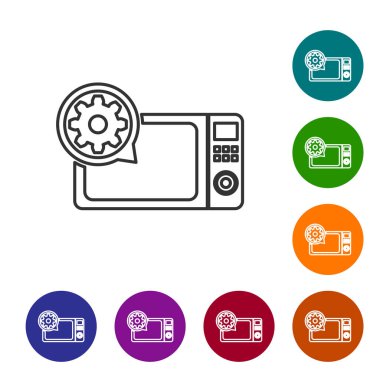 Gri Mikrodalga fırın ve beyaz arka plan üzerinde dişli hattı simgesi. Uygulama, servis konsepti, ayar seçenekleri, bakım, onarım, sabitleme ayarlama. Simgeyi renk çemberi düğmelerinde ayarlayın. Vektör İllüstrasyonu