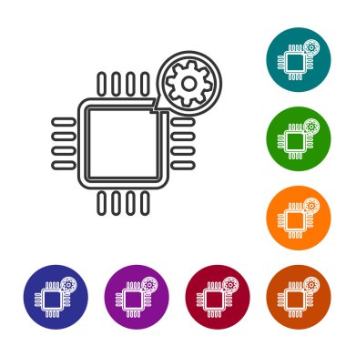 Beyaz arka planda Gri İşlemci ve dişli çizgisi simgesi. Cpu, çip servis konsepti. Uygulamanın ayarlanması, seçenekleri ayarlama, bakım, onarım, sabitleme. Simgeyi renk çemberi düğmelerinde ayarlayın. Vektör İllüstrasyonu