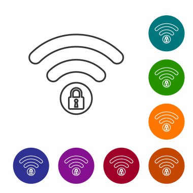 Beyaz arka planda gri Wifi kilitli işaret satırı simgesi. Şifre Wi-fi simgesi. Kablosuz Ağ simgesi. Wifi bölgesi. Simgeyi renk çemberi düğmelerinde ayarlayın. Vektör İllüstrasyonu