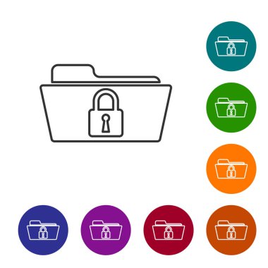 Gri Klasör ve beyaz arka planda kilit çizgisi simgesi. Kapalı klasör ve asma kilit. Güvenlik, güvenlik, koruma konsepti. Simgeyi renk çemberi düğmelerinde ayarlayın. Vektör İllüstrasyonu