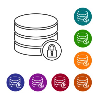 Beyaz arka planda kapalı asma kilit simgesine sahip Gri Sunucu güvenliği. Veritabanı ve kilit. Güvenlik, güvenlik, koruma konsepti. Simgeyi renk çemberi düğmelerinde ayarlayın. Vektör İllüstrasyonu