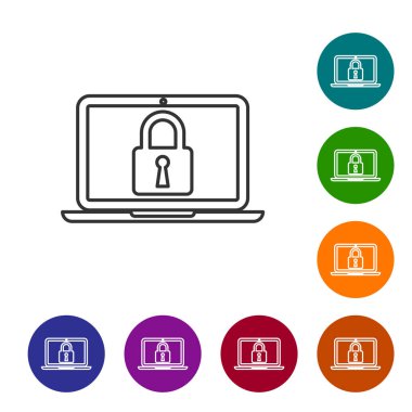 Gri Laptop ve beyaz arka plan üzerinde kilit çizgisi simgesi. Bilgisayar ve asma kilit. Güvenlik, güvenlik, koruma konsepti. Güvenli internet çalışması. Simgeyi renk çemberi düğmelerinde ayarlayın. Vektör İllüstrasyonu