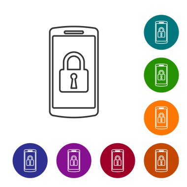 Beyaz arka planda kapalı asma kilit simgesine sahip Gri Akıllı Telefon. Kilitli telefon. Mobil güvenlik, güvenlik, koruma konsepti. Simgeyi renk çemberi düğmelerinde ayarlayın. Vektör İllüstrasyonu