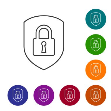 Beyaz arka plan üzerinde kilit çizgisi simgesi ile Gri Kalkan güvenlik. Koruma, güvenlik, şifre güvenliği. Güvenlik duvarı erişim gizlilik işareti. Simgeyi renk çemberi düğmelerinde ayarlayın. Vektör İllüstrasyonu