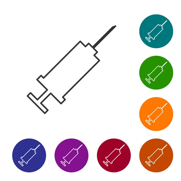 Icono de línea de jeringa gris aislado sobre fondo blanco. Jeringa para vacuna, vacunación, inyección, vacuna contra la gripe. Equipo médico. Establecer icono en botones de círculo de color. Ilustración vectorial — Archivo Imágenes Vectoriales
